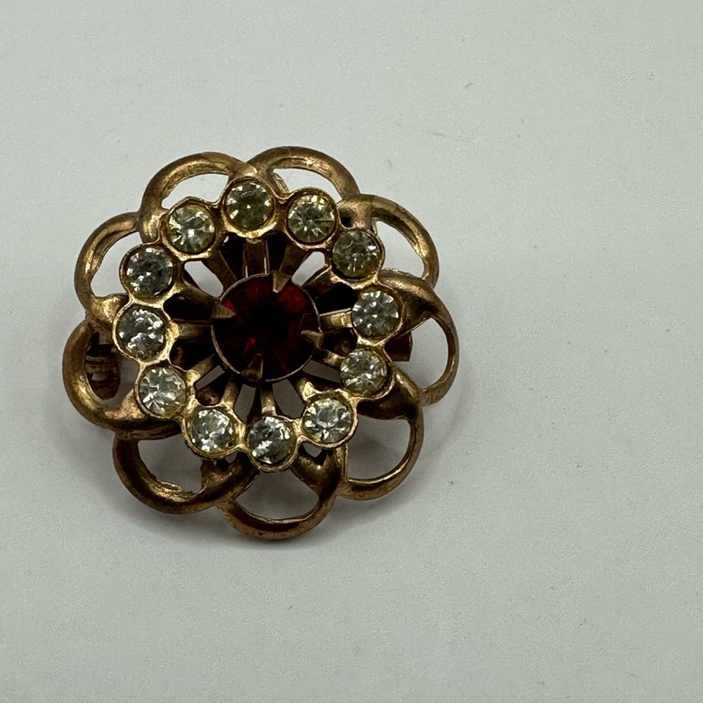 Elegant Vintage Red and Clear Crystal Floral Brooch